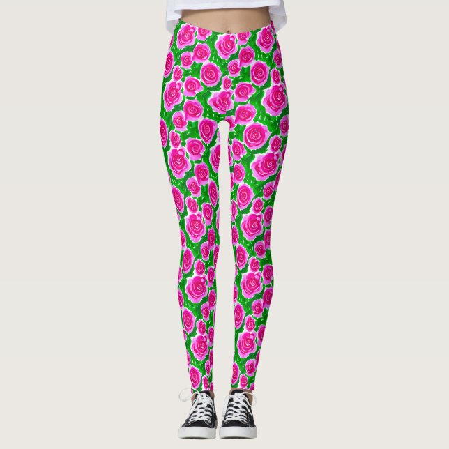 Leggings Roses d'aquarelle rose Fuchsia (Devant)