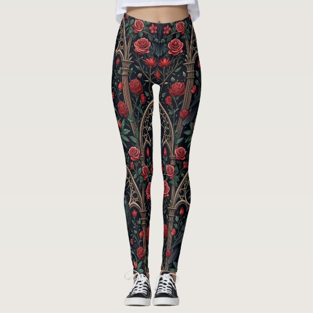 Leggings Roses de corbeau gothiques motif orné (Devant)