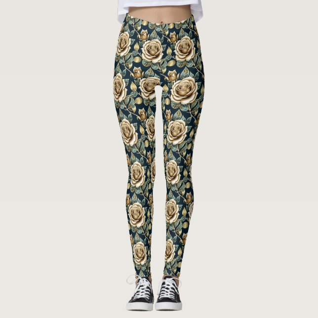 Leggings Roses dorées avec une finition métallique (Devant)