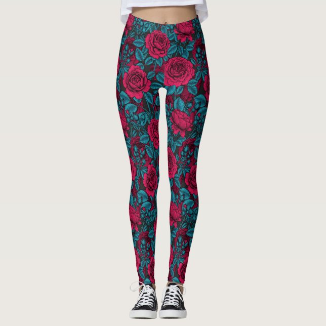 Leggings Roses en rouge et bleu (Devant)