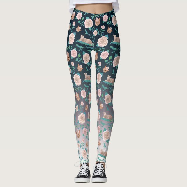 Leggings Roses et chats sur un contexte métallique (Devant)