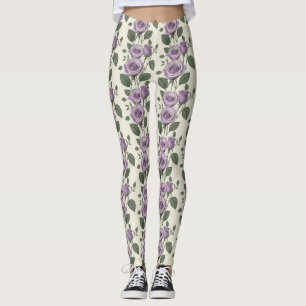 Leggings Roses Lilas Avec Des Feuilles Vertes Et Argentées 