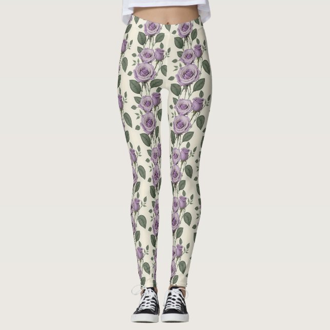 Leggings Roses Lilas Avec Des Feuilles Vertes Et Argentées  (Devant)