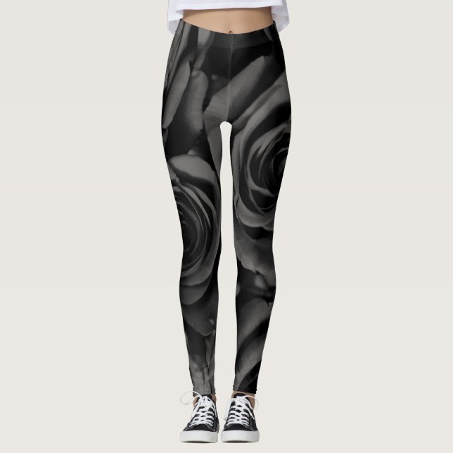 Leggings Roses Noir foncé & Gris Mode Chic (Devant)