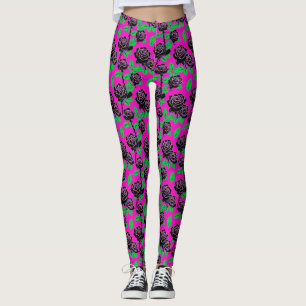 Leggings Roses Noires Brillantes Sur Un Fond Rose Chaud