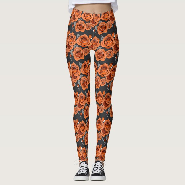 Leggings Roses Orange Rouillé Chaud (Devant)