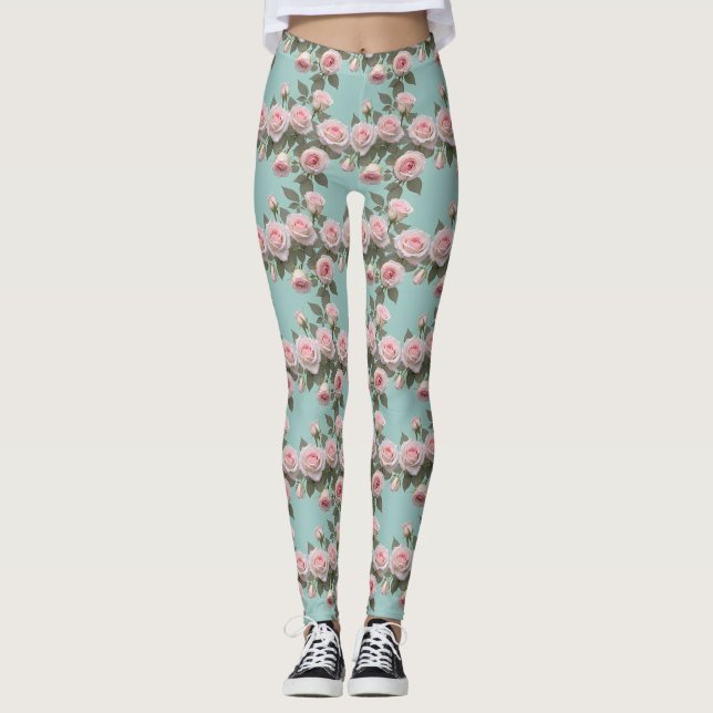 Leggings Roses roses bébé avec feuilles vert sauge (Devant)