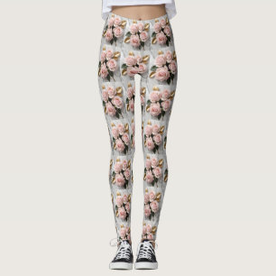 Leggings Roses roses roses tendres avec des feuilles dorées