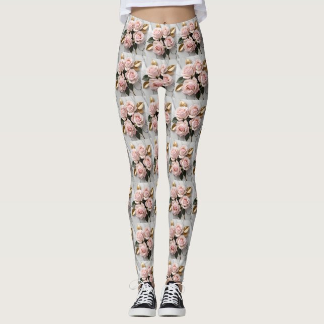 Leggings Roses roses roses tendres avec des feuilles dorées (Devant)