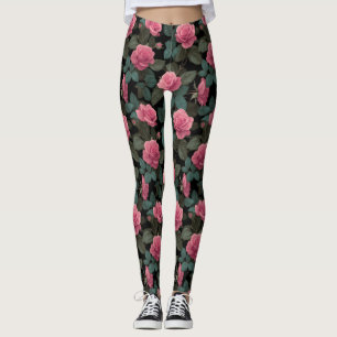 Leggings Roses roses sur motif floral noir