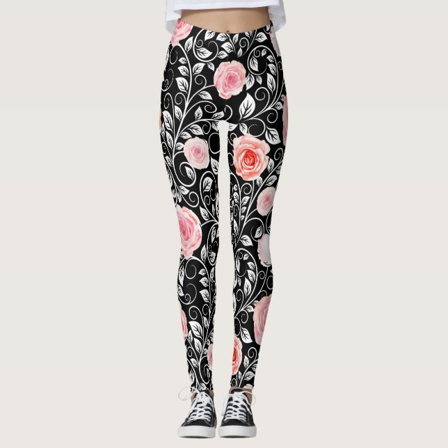 Leggings Roses roses sur noir (Devant)