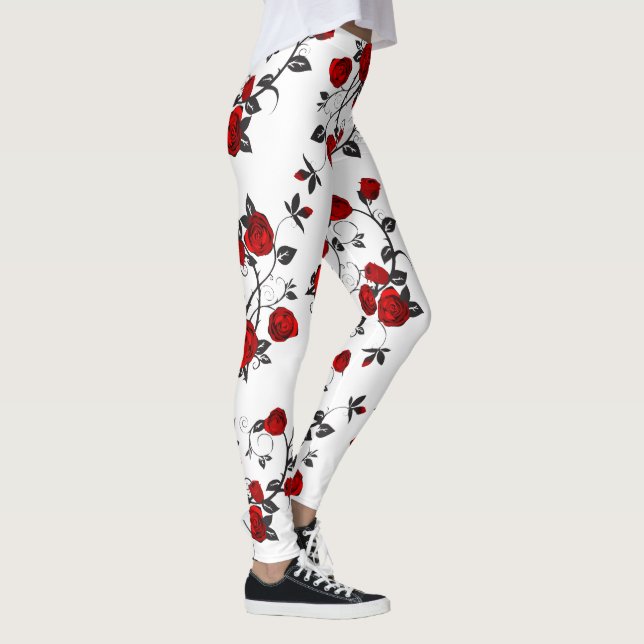 Leggings Roses rouges au motif vectoriel blanc et floral (Droite)