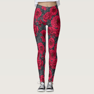 Leggings Roses rouges avec feuilles gris sur noir