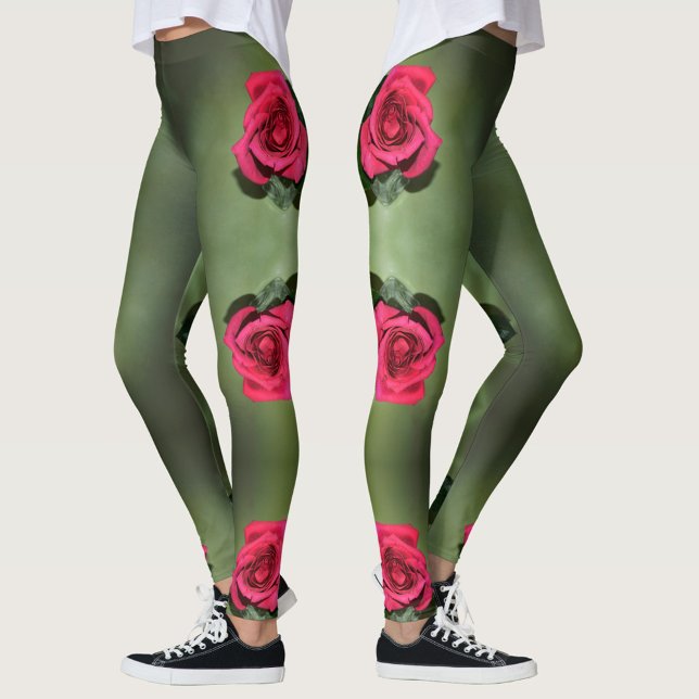 Leggings Roses rouges classiques Élégant vert floral (Créateur téléchargé)
