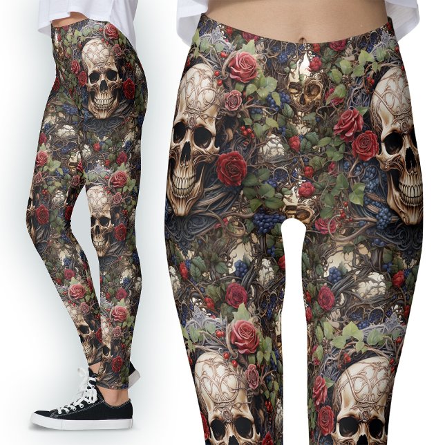 Leggings Roses rouges Crânes celtiques Vert Feuille Nature (Créateur téléchargé)