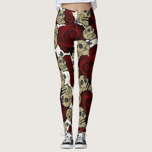 Leggings Roses Rouges & Crânes Flore Noire Gothique Blanc