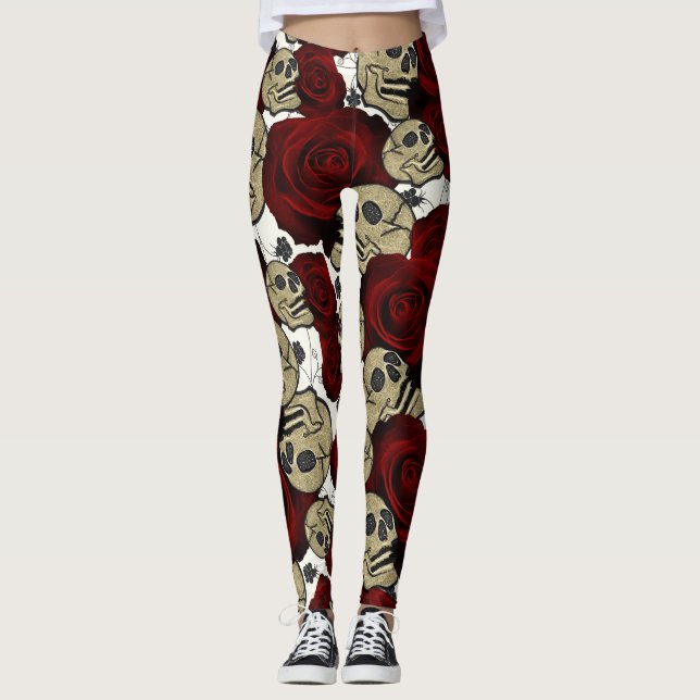 Leggings Roses Rouges & Crânes Flore Noire Gothique Blanc (Devant)