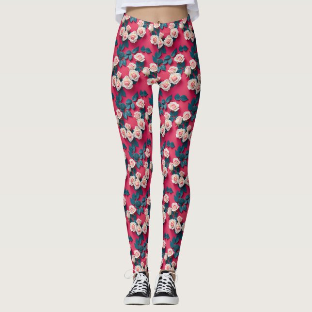 Leggings Roses Rouges Et Blanches  (Devant)