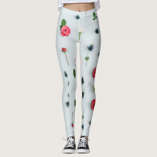 Leggings Roses rouges et blanches et Motif de fleurs bleues