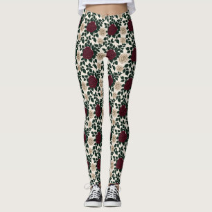 Leggings Roses rouges et bordeaux luxuriantes avec des feui