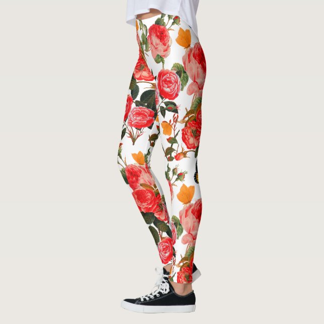 Leggings ROSES ROUGES ET BOUTEILLES JAUNES Floral blanc (Gauche)