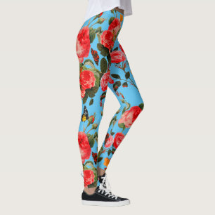 Leggings ROSES ROUGES ET BOUTTERFLIES JAUNES Floral Bleu