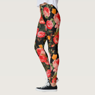 Leggings ROSES ROUGES ET PAPILLONS JAUNES Fleurs Noires