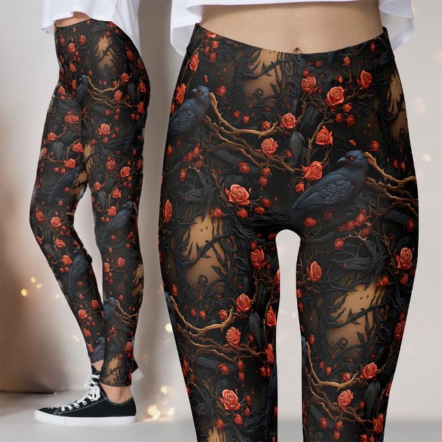 Leggings Roses rouges et Ravens Gothique Alternative Floral (Créateur téléchargé)