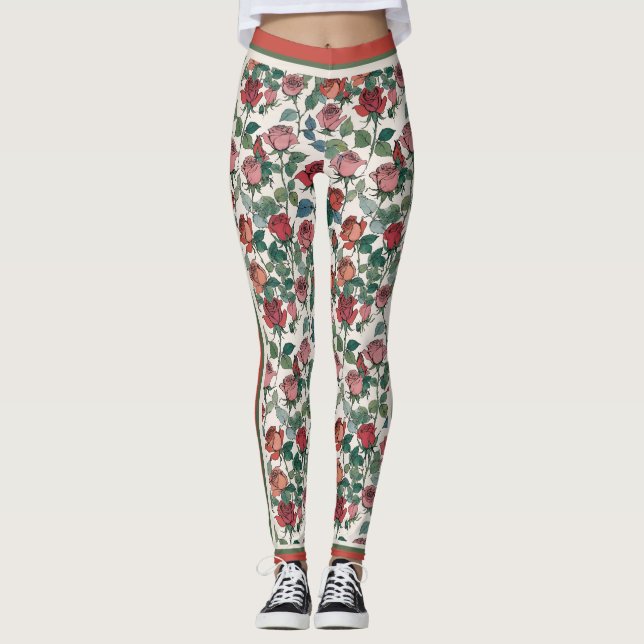 Leggings Roses Rouges Feuillues À Longues Tige Avec Bandes  (Devant)