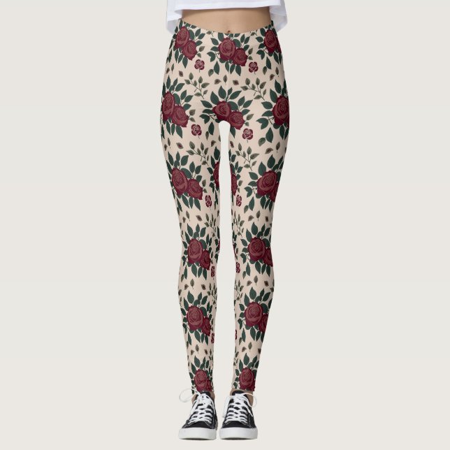 Leggings Roses rouges foncés avec des feuilles vertes (Devant)