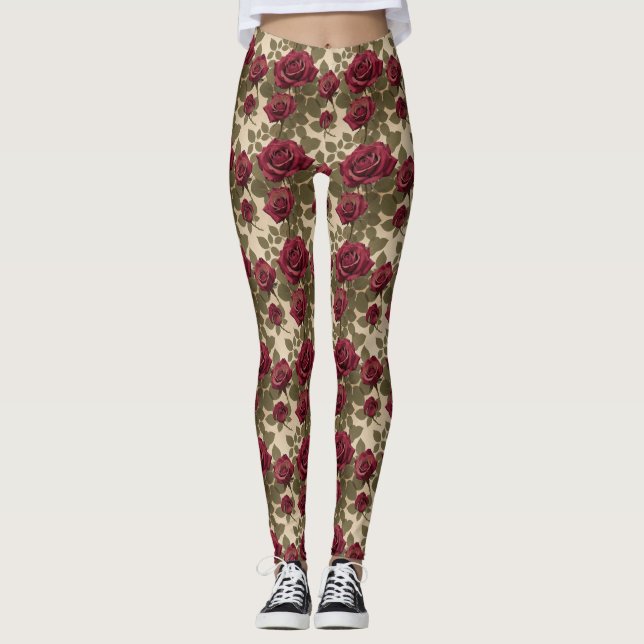 Leggings Roses rouges foncés avec des feuilles vertes fanée (Devant)