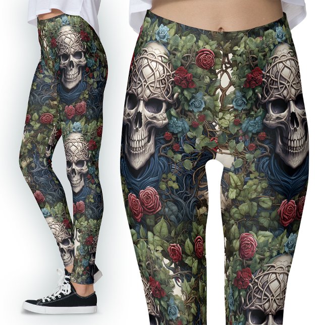 Leggings Roses rouges gothiques Fleurs bleues Crânes celtiq (Créateur téléchargé)