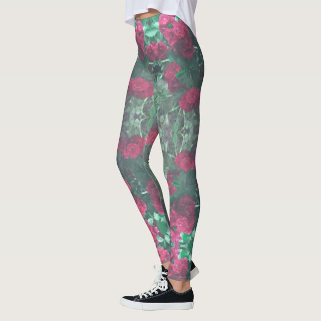 Leggings Roses rouges pâles Fleurs Feuilles vertes (Gauche)