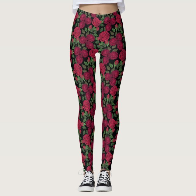 Leggings Roses rouges sur noir. (Devant)
