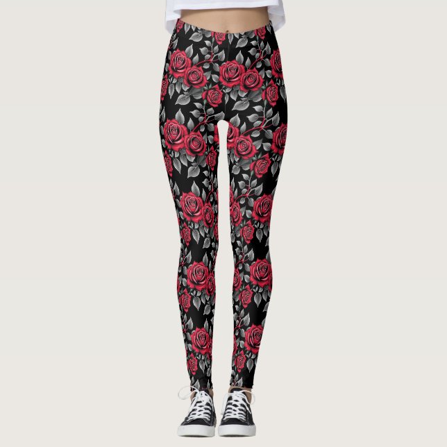 Leggings Roses Rouges Sur Un Fond Noir (Devant)
