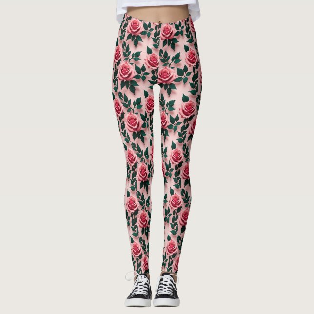 Leggings Roses rouges vives avec des feuilles vert foncé (Devant)