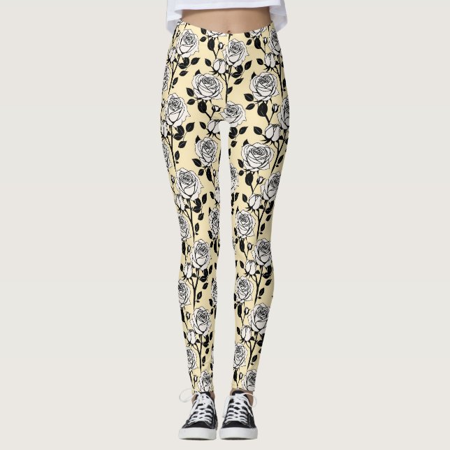 Leggings Roses simples noires et blanches dans un style gra (Devant)