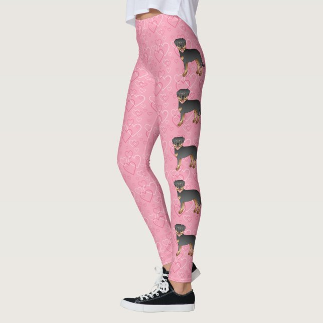 Leggings Rottweiler noir et feu sur cœurs roses (Gauche)