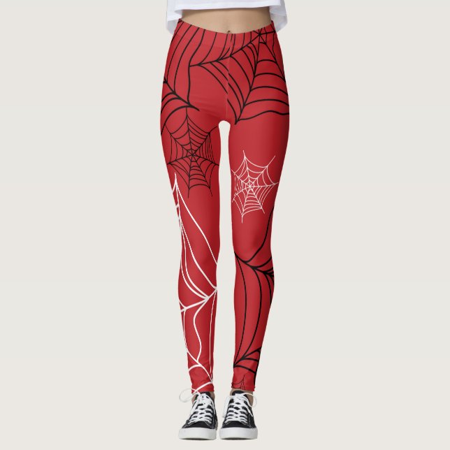 Leggings Rouge avec toiles d'araignées noires et blanches H (Devant)