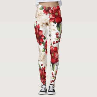 Leggings Rouge Blanc Vert Floral Motifs Élégants Grand Chic