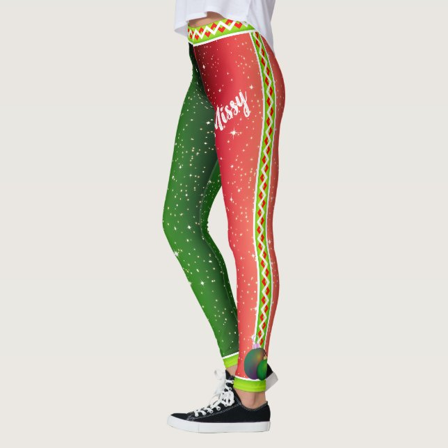 Leggings Rouge Blanc Vert / Votre Nom / Deux Tons Noël (Gauche)