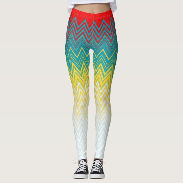 Leggings Rouge Bleu Jaune Chic Motif Zigzag (Devant)