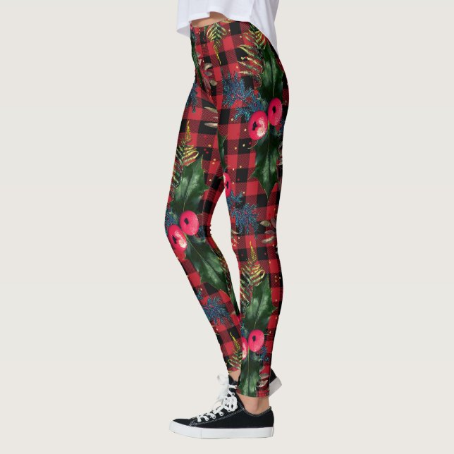 Leggings Rouge Buffalo Check Aquarelle Holly Noël (Gauche)
