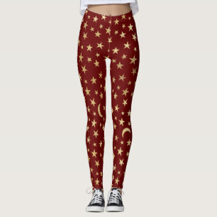 Leggings Rouge canneberge avec huile d'or Étoiles et lunes