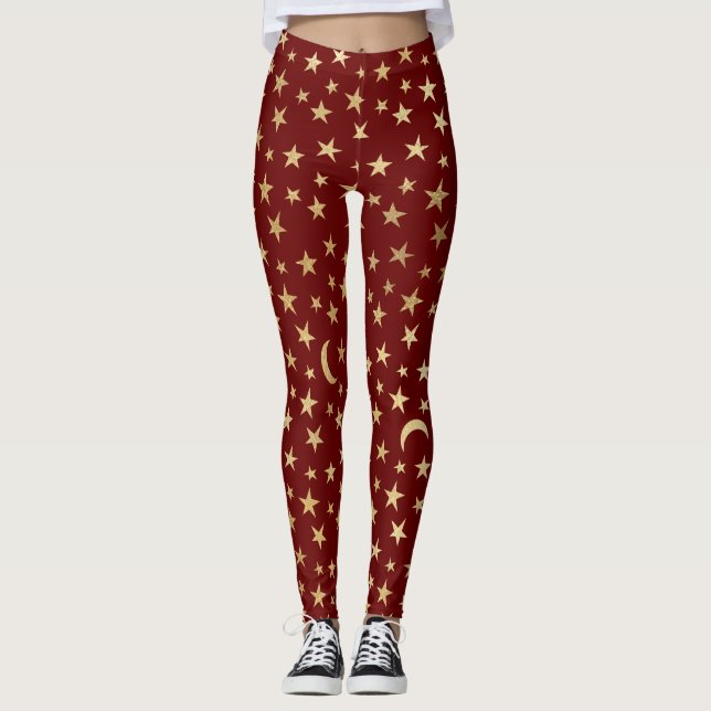 Leggings Rouge canneberge avec huile d'or Étoiles et lunes (Devant)