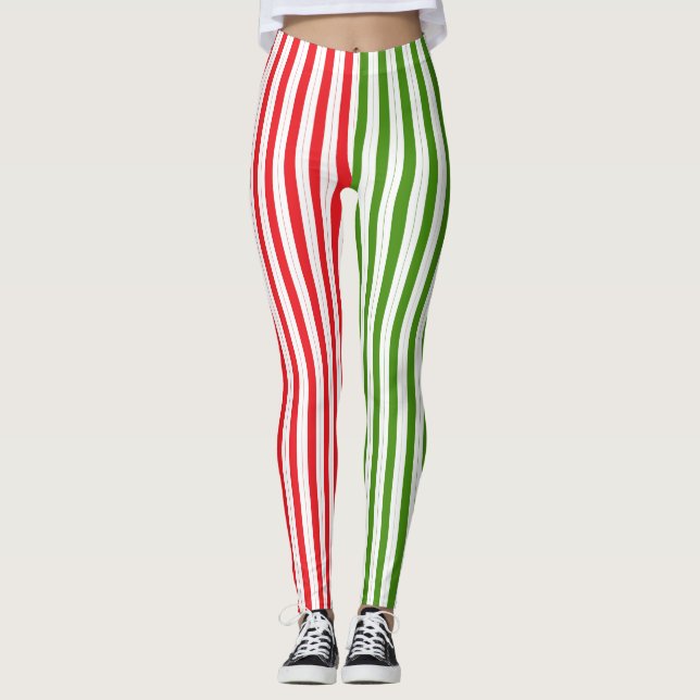 Leggings Rouge de vacances et vert elfe Bonbon Rayure Rayé (Devant)