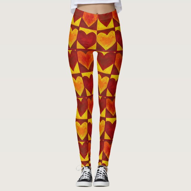 Leggings Rouge Orange Jaune Coeur Abstrait Art Imprimer (Devant)