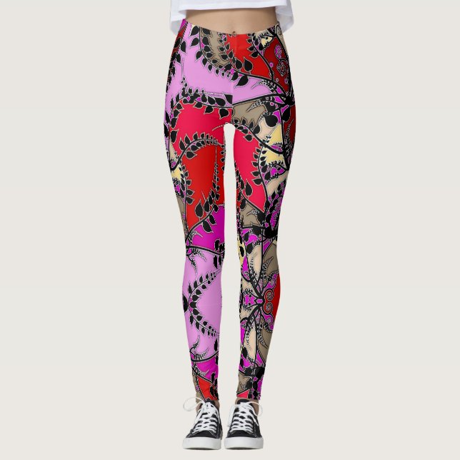 Leggings Rouge Rose Jaune Feuilles Noires Abstraites (Devant)