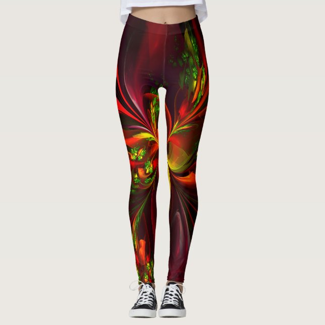 Leggings Rouge vert moderne Floral Abstrait Art Motif #05 (Devant)