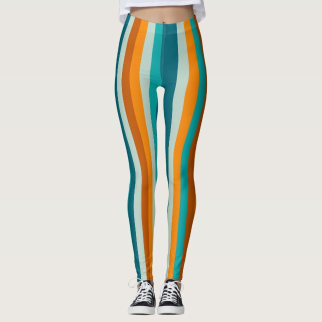 Leggings Rousses gaies Verticales Aqua Orange Rust (Devant)